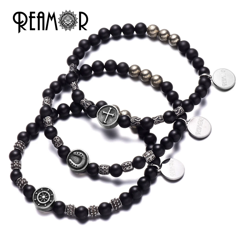 REAMOR Stainless Steel Horseshoe&Rudder&Cross Beads Natural Matte Onyx & Gold Pyrite Hematite Bead Stretch Bracelet Men Jewelry
REAMOR Stainless Steel Horseshoe&Rudder&Cross Beads Natural Matte Onyx & Gold Pyrite Hematite Bead Stretch Bracelet Men Jewelry
