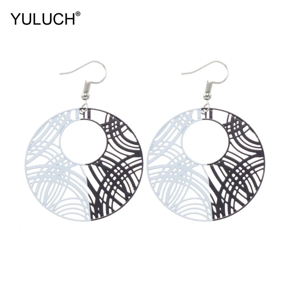 Серьги-подвески YULUCH этнические черно-белые из сплава с листьями и перьями для