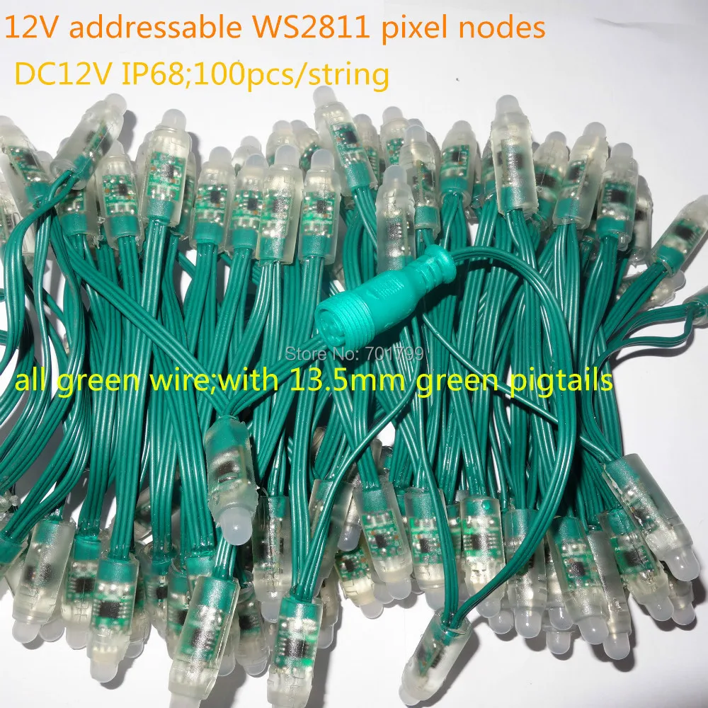 100pcs DC12V addressable 12mm WS2811 led smart pixel node,with all GREEN wire(20AWG),IP68 rated;with 13.5mm pigtail
100pcs DC12V addressable 12mm WS2811 led smart pixel node,with all GREEN wire(20AWG),IP68 rated;with 13.5mm pigtail
