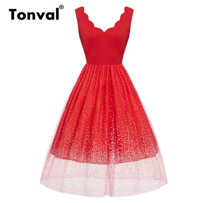 Tonval Red Scalloped V Neck Starry Dotted Mesh Dress Women Summer 2019 Fit and Flare Party Backless Midi Dresses
Tonval Red Scalloped V Neck Starry Dotted Mesh Dress Women Summer 2019 Fit and Flare Party Backless Midi Dresses
