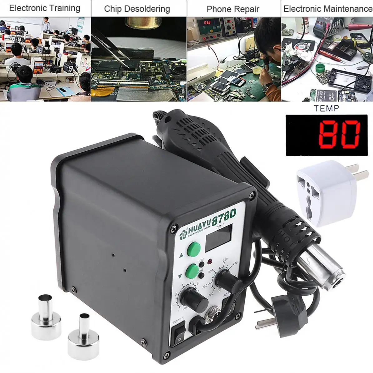 H878D Multifunction 110V LCD Digital Display Hot-Air Desoldering Station with Electric Soldering Iron and Soldering Iron Stent
H878D Multifunction 110V LCD Digital Display Hot-Air Desoldering Station with Electric Soldering Iron and Soldering Iron Stent