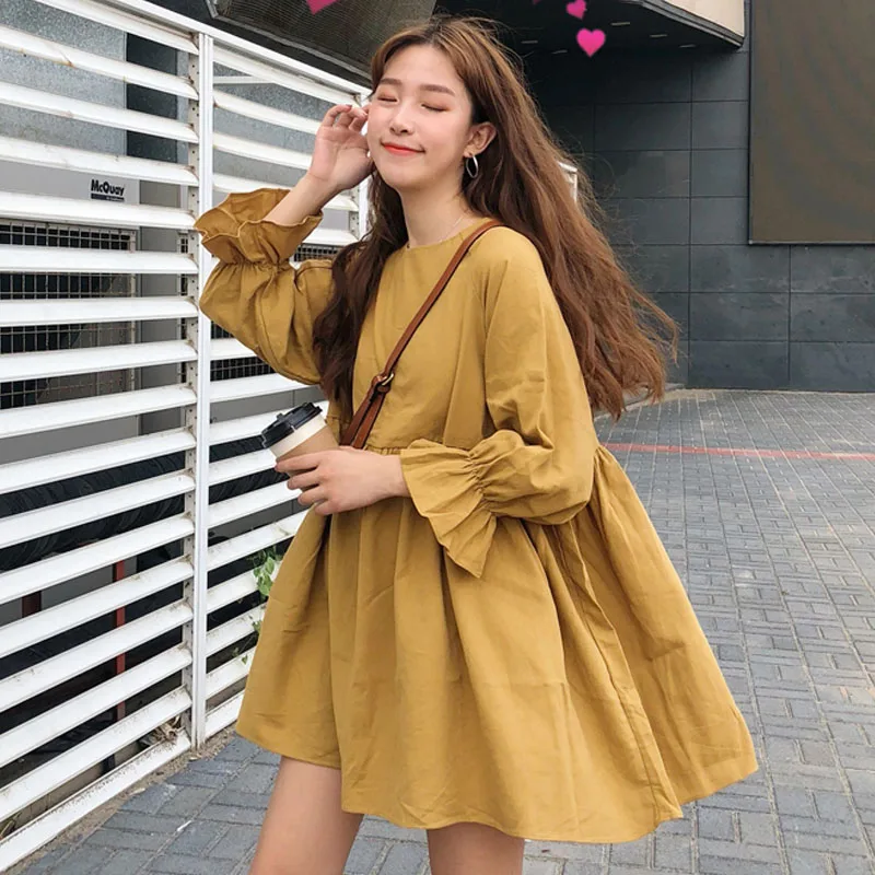 Autumn Women Dress Solid O-neck High Waist Flare Sleeve Girls Short Dress Student Chic Sweet Vestido Loose Fresh Abito Fashion
Autumn Women Dress Solid O-neck High Waist Flare Sleeve Girls Short Dress Student Chic Sweet Vestido Loose Fresh Abito Fashion