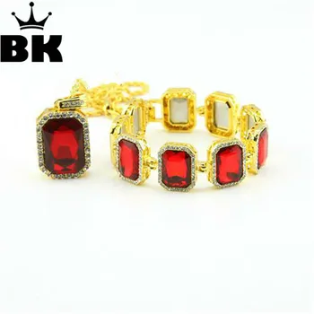 Mens Gold Tone Colorful Pendant Necklace & Bracelet Set Gold Color Iced Out Square Red, Black, Blue Hip Hop Jewelry
Mens Gold Tone Colorful Pendant Necklace & Bracelet Set Gold Color Iced Out Square Red, Black, Blue Hip Hop Jewelry