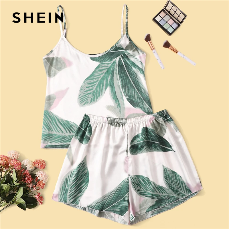 

SHEIN Multicolor Tropical Print Cami Crop Top and Shorts Set Satin Pajama Set Summer Nightwear Sleepwear Women Sexy Pajama Sets