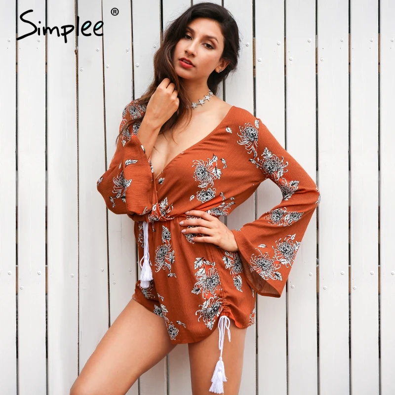 

Simplee Elegant floral print jumpsuit romper women Tassel backless waist tie lace up v-neck overalls 2017 summer beach playsuit