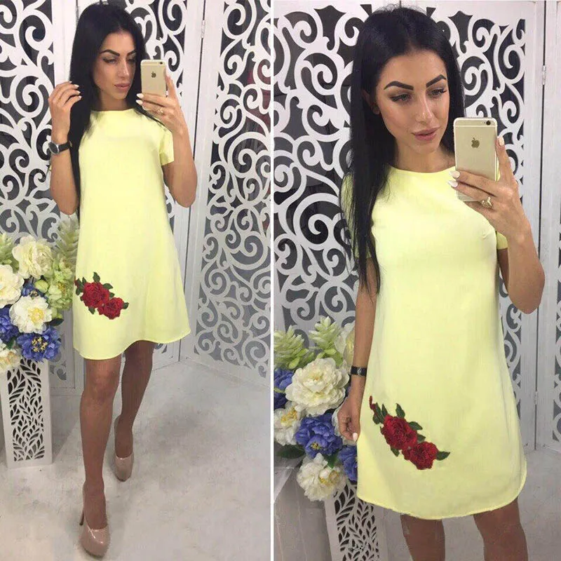 yellow Rose Print Straight Dress Casual Casual Short Sleeve Dress.