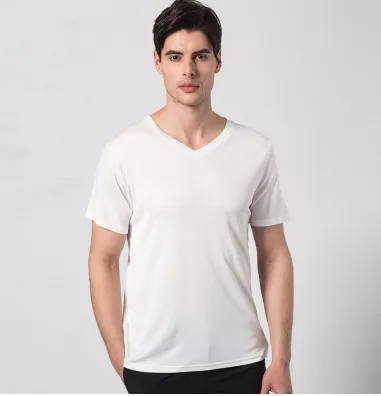 Hk silk rhyme 2019 new knitting men 100% mulberry silk v-neck t-shirts with short sleeves white 
Hk silk rhyme 2019 new knitting men 100% mulberry silk v-neck t-shirts with short sleeves white