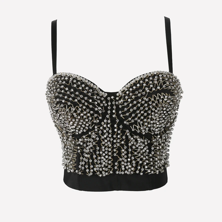 Women Sexy Beading Rhinestone Crop Top Black Bustier Tank Top for Festival Night Club
Women Sexy Beading Rhinestone Crop Top Black Bustier Tank Top for Festival Night Club