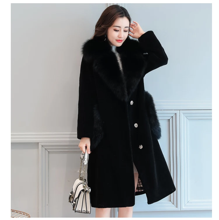 2018 Autumn And Winter Sheep Sheared Coat Women Medium Long Faux Fur Coat High Imitation Fox Fur Collar Manteau Femme Hiver AS080 (2)