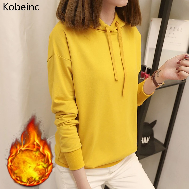 Kobeinc Wool Lining Warm Hooded Sweatshirts Long Sleeve Leisure Hoodies Pullovers Autumn Cashmere Moletom Feminino Female Hoody | Женская