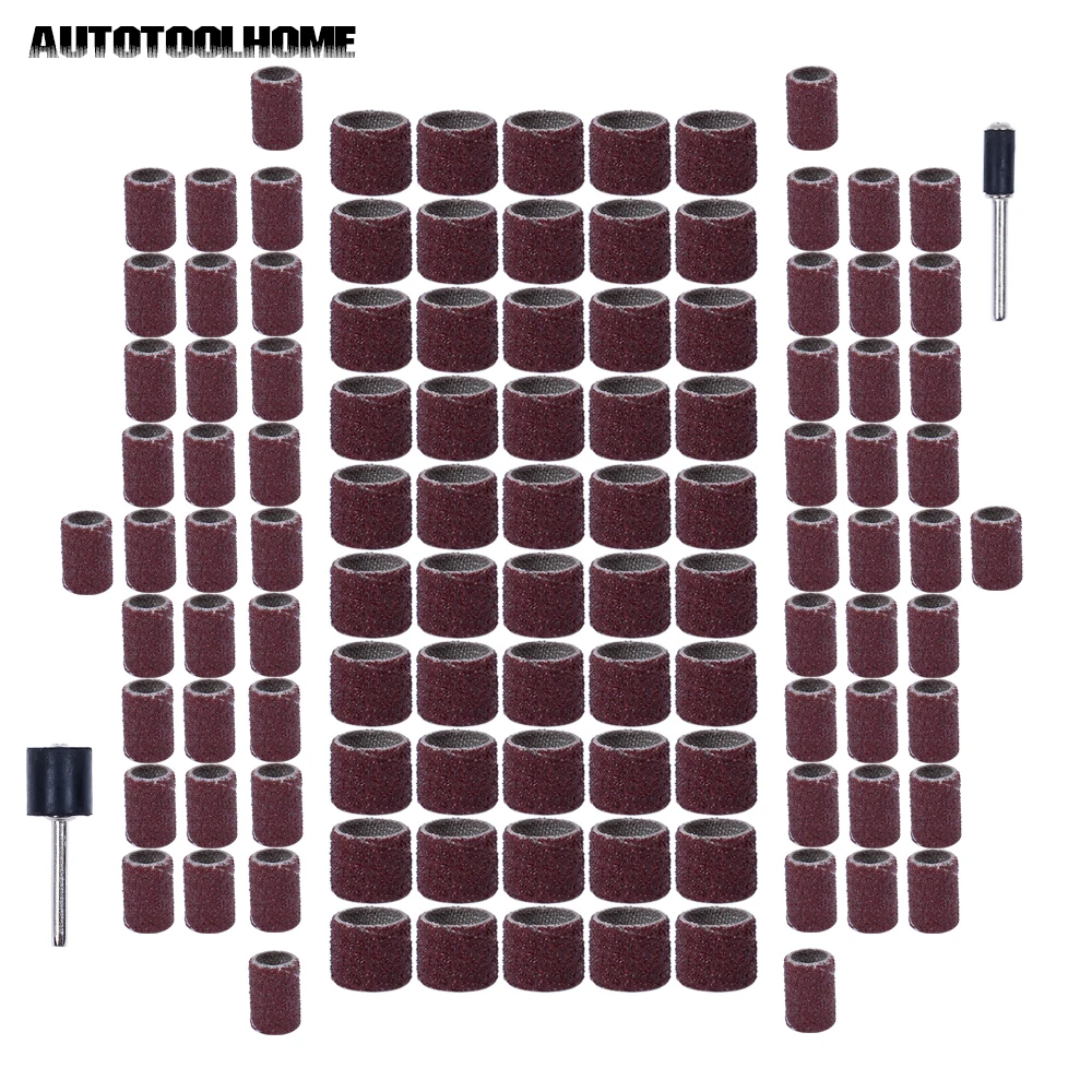 AUTOTOOLHOME 100pc 1/2 3/8 1/4" Drum Sanding Sand Sandpaper Sleeves Kit Sandpaper Rubber Mandrels For Dremel Rotary Tool