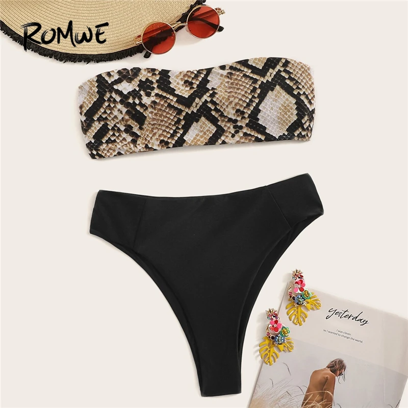 

Romwe Sport Bikinis Set Snakeskin Bandeau With High Waist Bottoms Swimsuit Women Summer Sexy Wire Free Beach Vacation Swimwear