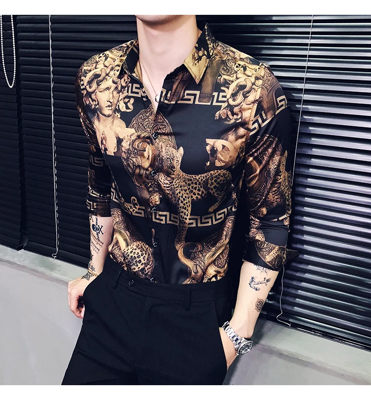 Camicie di lusso in stile barocco Camicie di design Camicia da uomo Social  Club oro Camicia da uomo slim fit in oro nero Camisa Masculina 2019  Primavera