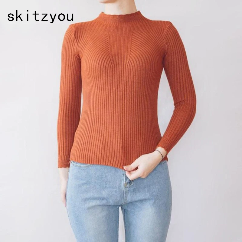 skitzyou casaco feminino Women Autumn Winter Knitted Slim Sort Sweaters Long Sleeve Elastic Turtleneck Jumpers White Black Pull | Женская