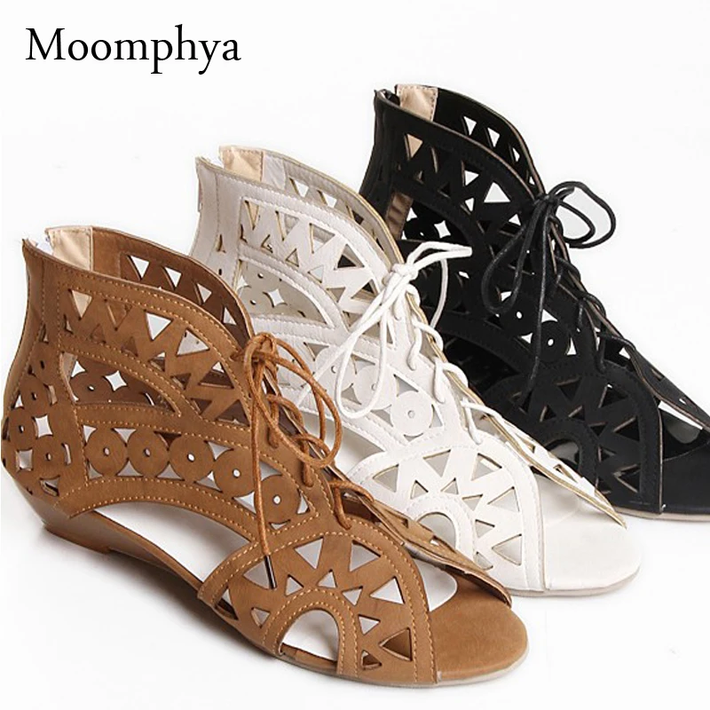 Moomphya Cutouts Lace Up Women Sandals Open Toe Low Wedges Bohemian Summer Shoes Beach shoes women plus size | Обувь