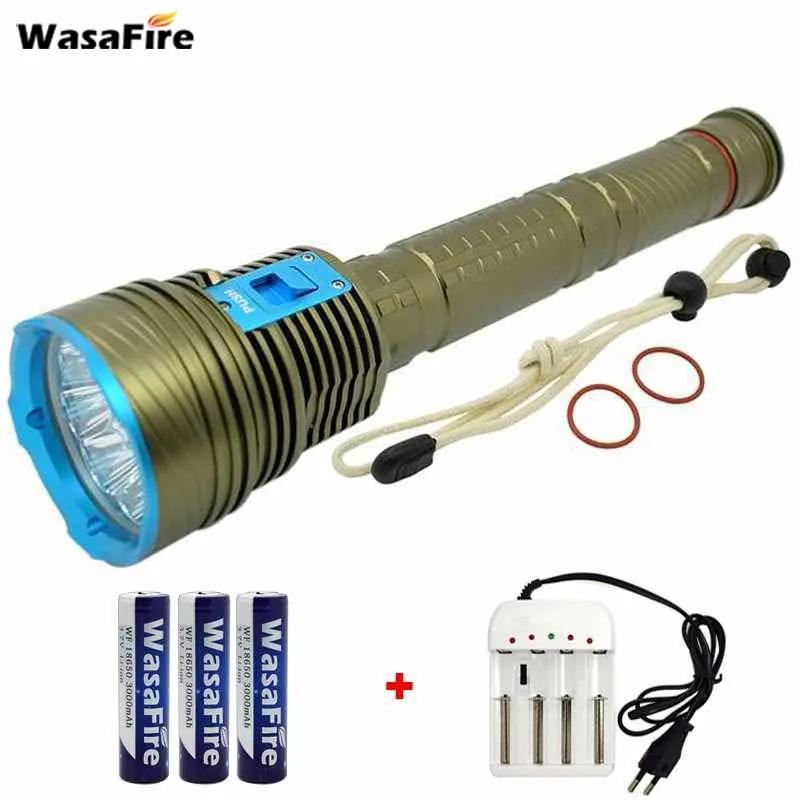 

Waterproof Torch 9 x XM-L2 20000 Lumen LED Diving Flashlight Underwater 100m Scuba Diver Lantern With 3*18650 Battery + Charger