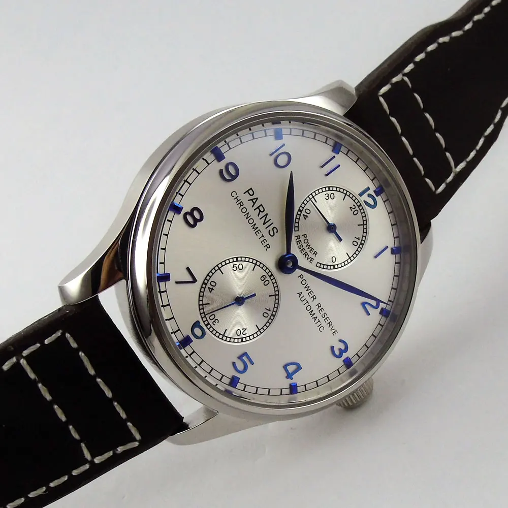 43mm parnis silver White dial Power Reserve Chronograph Blue Marks SS Case ST 2542 Automatic Mechanical men's Watch
43mm parnis silver White dial Power Reserve Chronograph Blue Marks SS Case ST 2542 Automatic Mechanical men's Watch