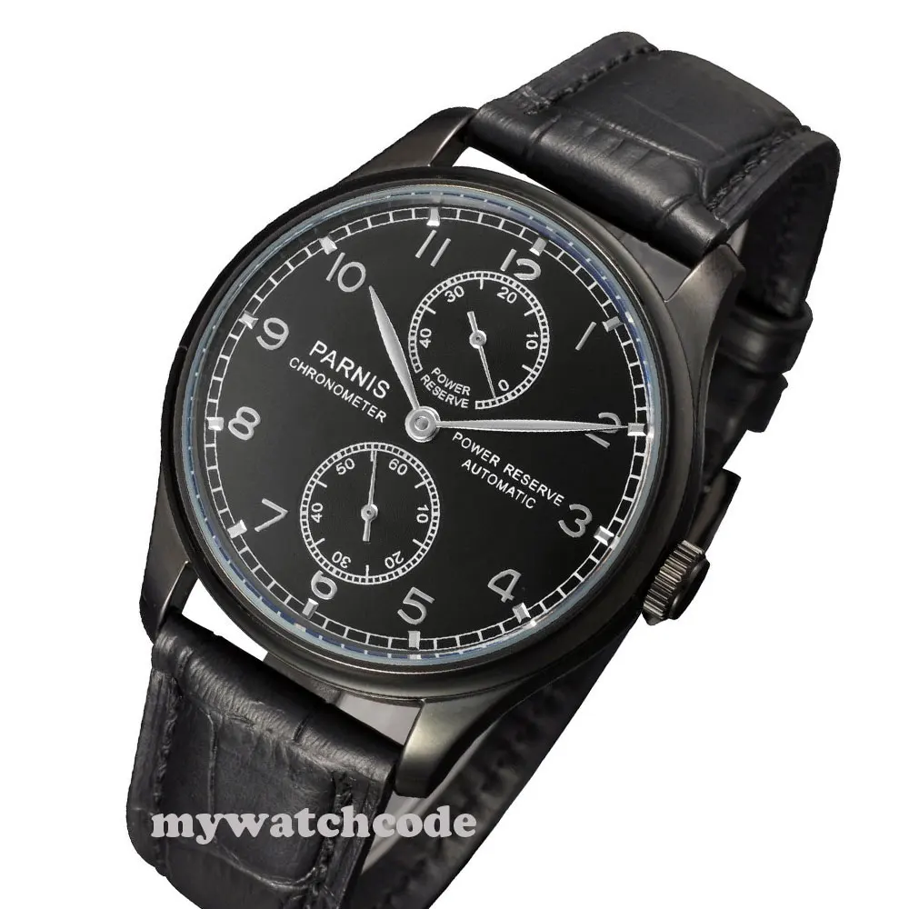 43mm parnis black dial PVD case power reserve automatic movement mens watch P262
43mm parnis black dial PVD case power reserve automatic movement mens watch P262