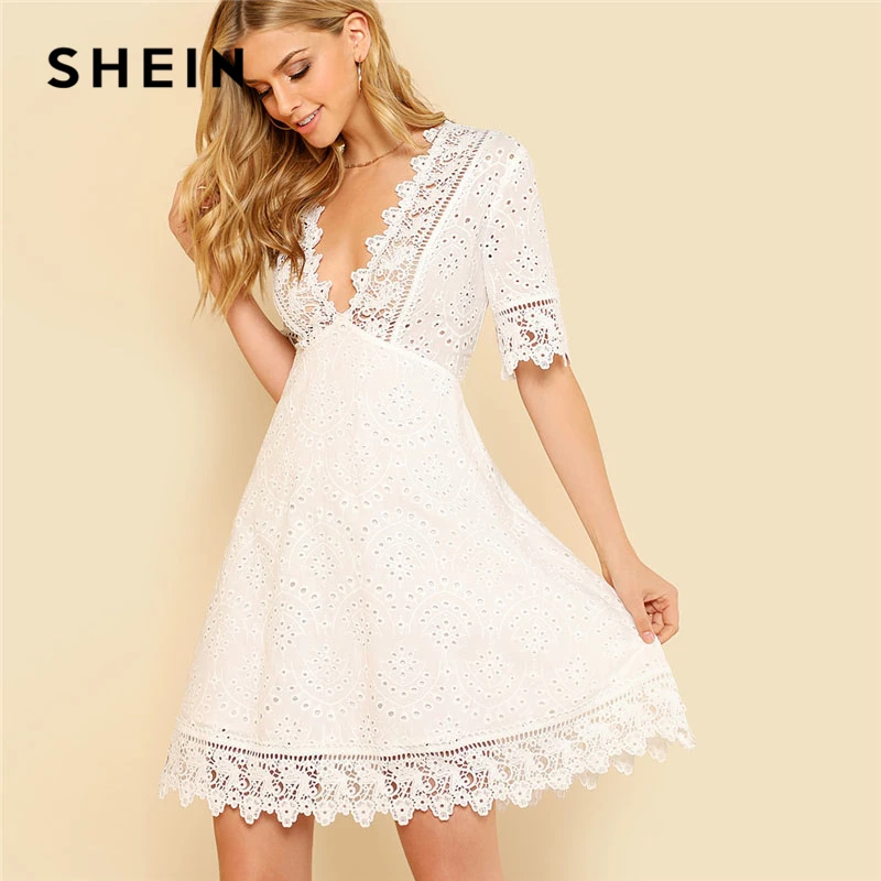 

SHEIN Lace Trim Eyelet Embroidered Dress Women White Deep V Neck Half Sleeve Cut Out Plain Dress 2018 Summer Sexy Cotton Dress