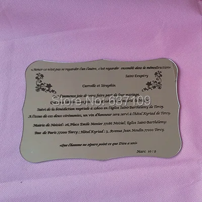 Image Silver mirror acrylic wedding invitation card scroll shape silk screen letters