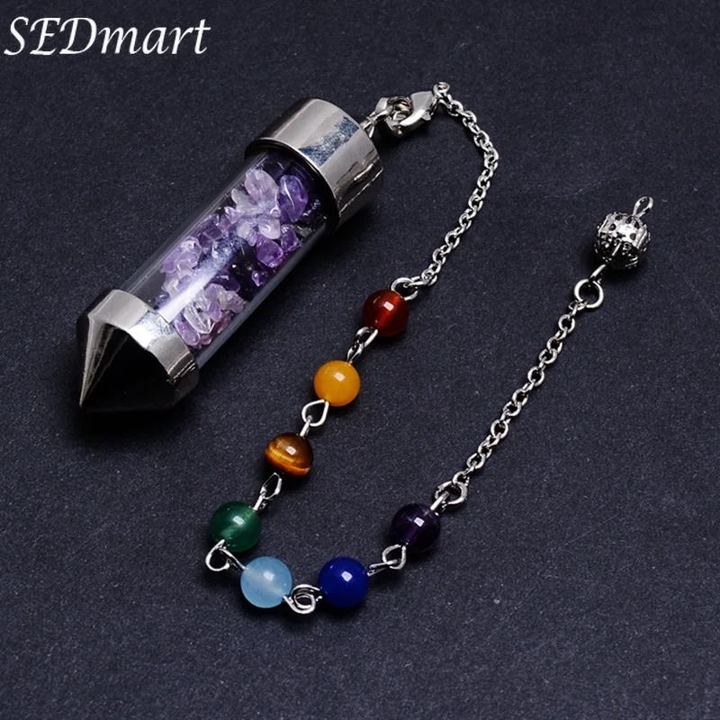 

SEDmart Natural Crystal Filled Glass Pyramid Energy Pendant for Women Men 7Chakra Stone Chain Spirit Pendulum Yoga Jewelry Gifts