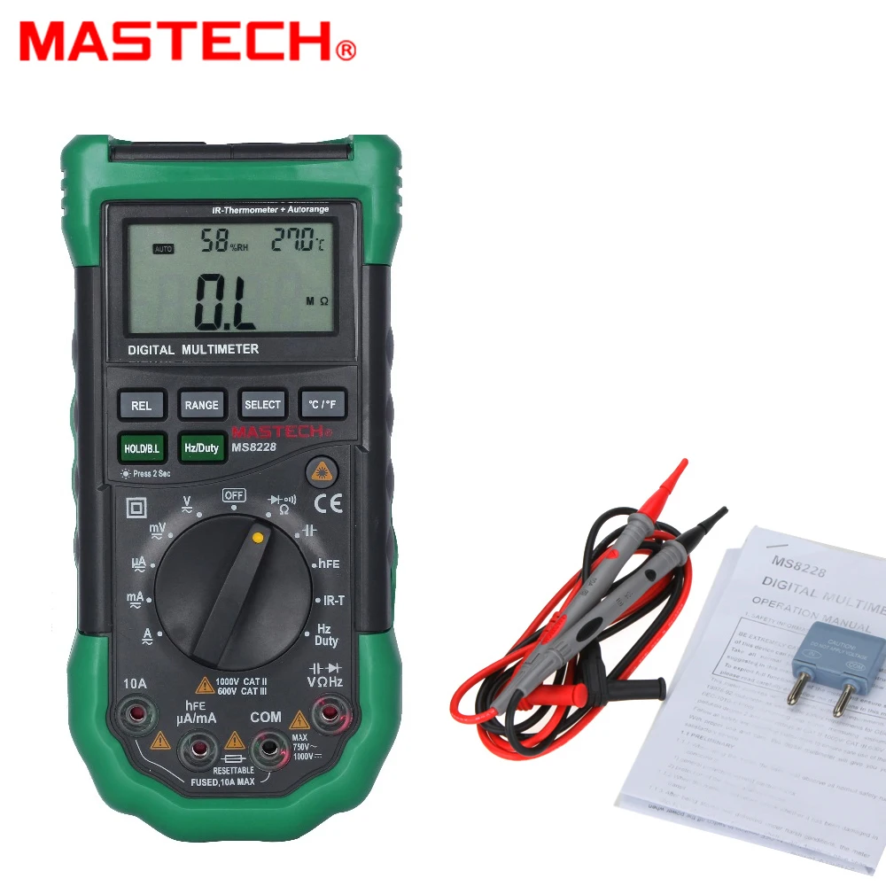 MASTECH MS8228 Automatic range 4000 Counts Digital Multimeter Non-Contact IR Thermometer Relative Humidity Tester
MASTECH MS8228 Automatic range 4000 Counts Digital Multimeter Non-Contact IR Thermometer Relative Humidity Tester