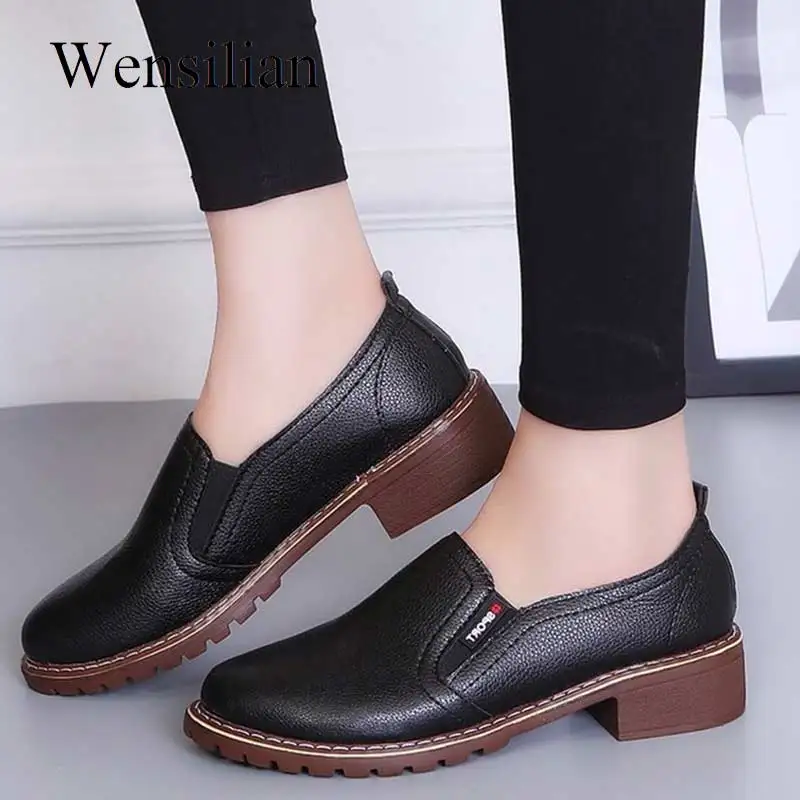

PU Flat Shoes Women Round Toe Oxford Shoes Square Heels Slip on Loafers Mocassin Femme Dames Schoenen Ballerina Zapatos Mujer