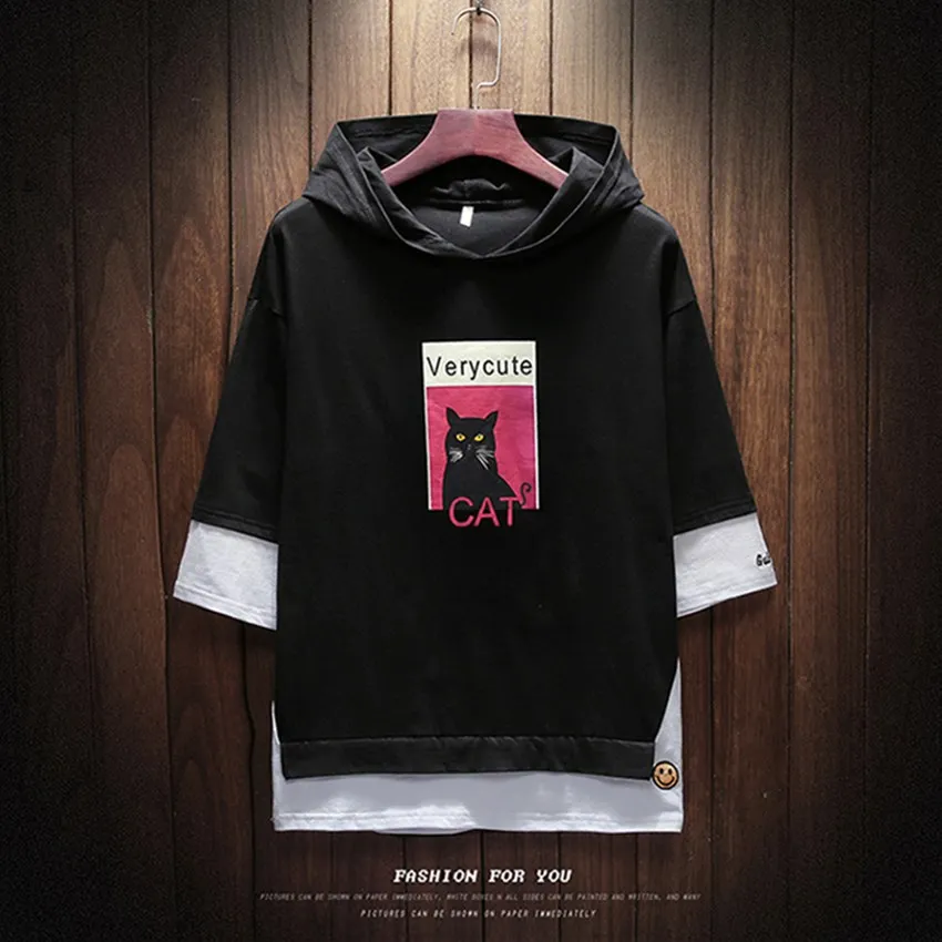 2018 Summer Trend men's Casual Hooded New T shirt Men's Large Size Fake Two Pieces Of Chest Printed Black Cat's Head Men's Shirt
2018 Summer Trend men's Casual Hooded New T shirt Men's Large Size Fake Two Pieces Of Chest Printed Black Cat's Head Men's Shirt