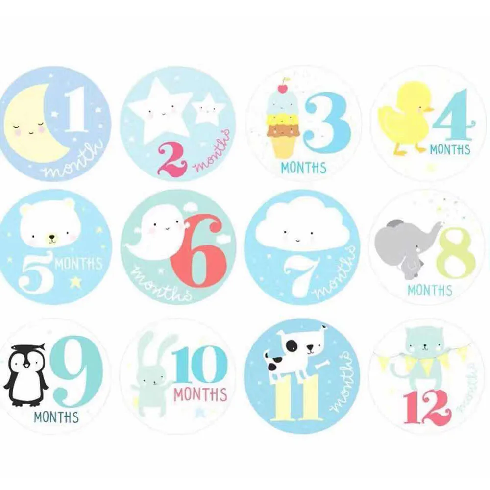 

1 Set Mum Baby Growth Pregnant Monthly Photograph Sticker Lovely Cartoon Printed 1-12 Months Milestone Party Clothes Decoration
