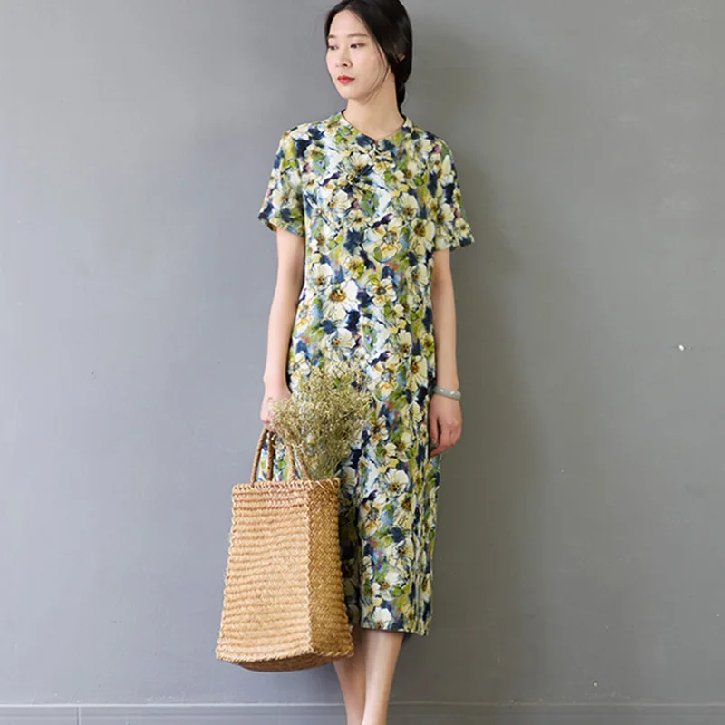 SCUWLINEN Vestidos 2019 Summer Dress Vintage Flower Print Handmade Plate Buttons Short-sleeve A-line Linen Dress for Women S366
SCUWLINEN Vestidos 2019 Summer Dress Vintage Flower Print Handmade Plate Buttons Short-sleeve A-line Linen Dress for Women S366