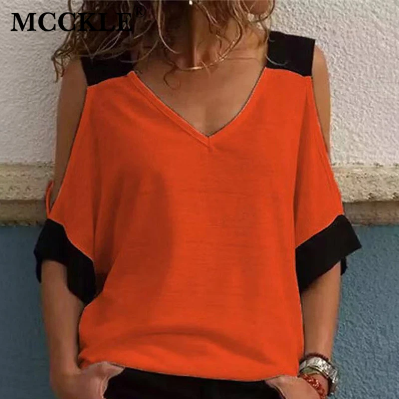 2019 Summer V-neck Hollow Out Shoulder Women T-shirts Patchwork Color Short Sleeve Ladies Tshirts Casual Loose Female Tee Tops
2019 Summer V-neck Hollow Out Shoulder Women T-shirts Patchwork Color Short Sleeve Ladies Tshirts Casual Loose Female Tee Tops