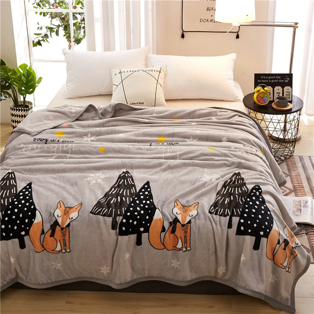 

2019 Cartoon Fox Trees Grey Soft Summer Print Thin Blanket Little Throws Coral Fleece Microfiber Plaids Bedsheet Polyester