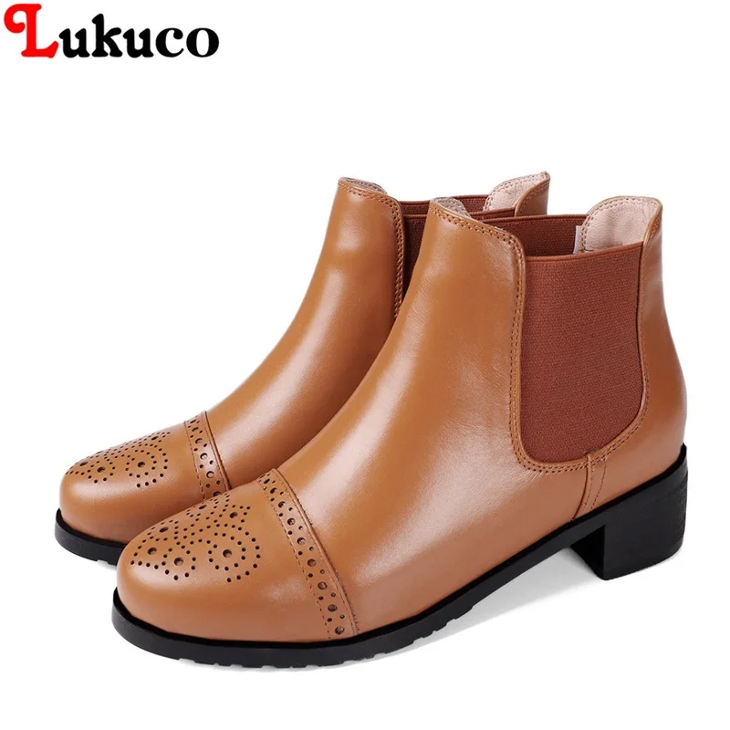 Lukuco Autumn Genuine Leather Boots Round Toe 5cm Heels Plus Size 35 36 37 38 39 40 41 42 43 Ladies shoes Free Shipping Pumps
