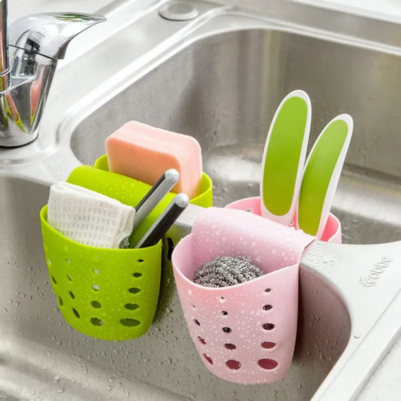 FHEAL Kitchen Sink Sponge Holder Bag Two Sided Drain Dish Cloths Storage Rack bathroom Faucets Shelving Detachable Basket (3)