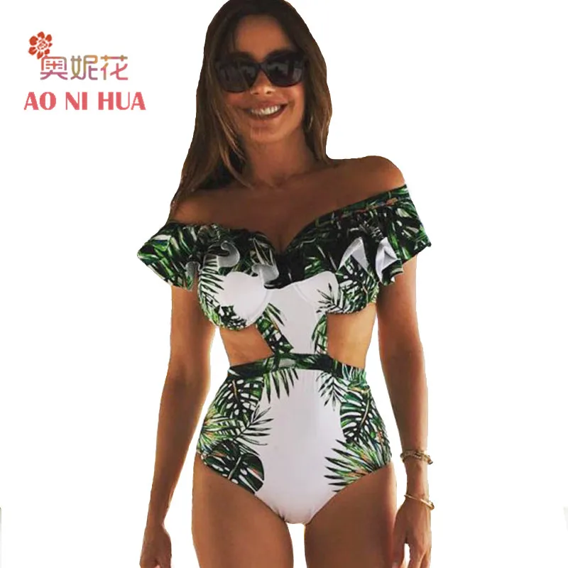 Фото AONIHUA Off Shoulder Ruffles One Piece Swimsuit Push up Women Printed Swimwear Bathing Suits Swimming wear | Спорт и развлечения
