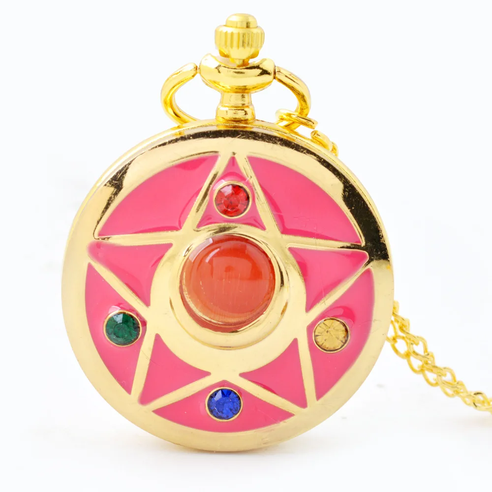 

Girl Pink Pocket Watch Gold Sailor Moon Anime Cartoons Quartz Pocket Watch Analog Pendant Necklace Womens Watches