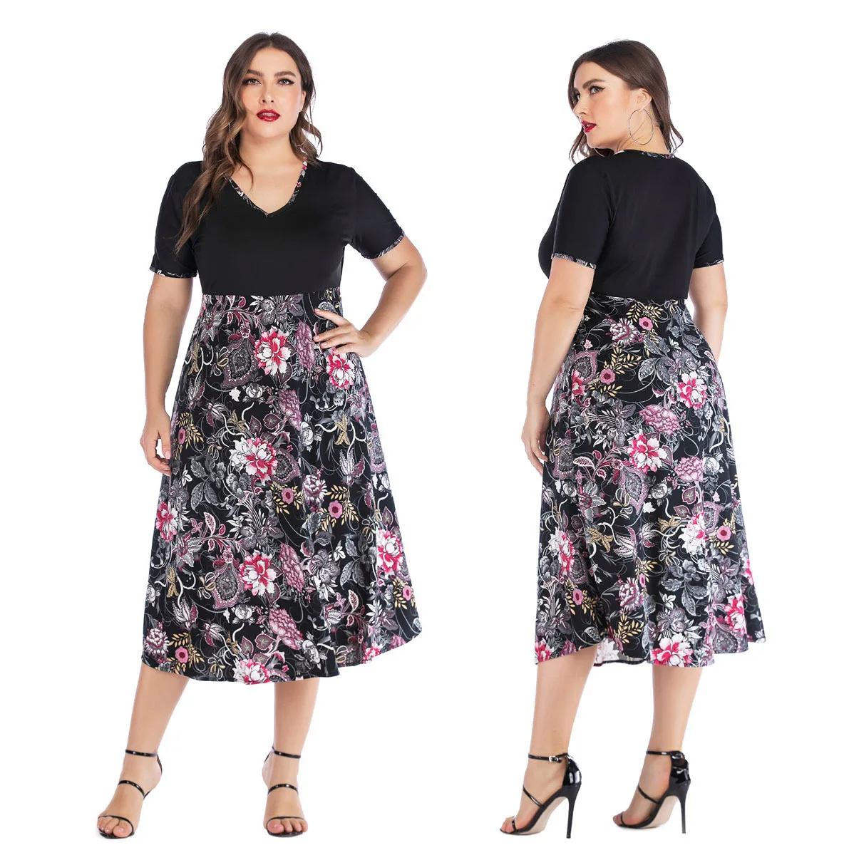 

Plus Size Dress Short Sleeve Floral Print Dress V Neck Summer Women Clothes Streetwear Sukienki Na Lato Xxxxl Xxxxxl Robe Ete