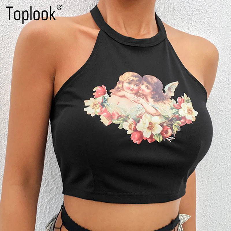 Toplook Ангел прин черный Повседневное Топы Холтер Для женщин летняя майка с принтом