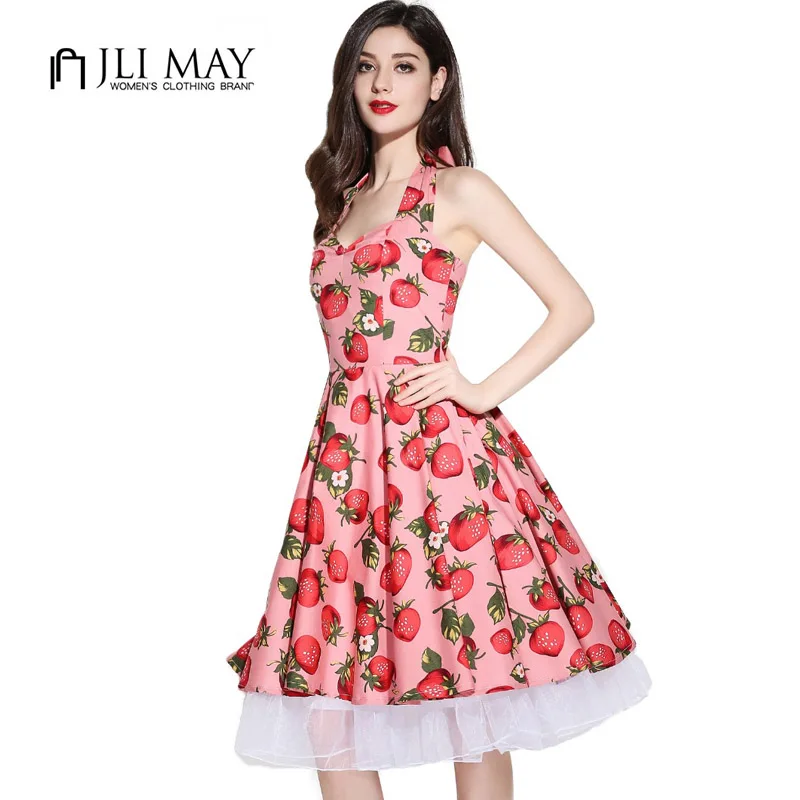 JLI MAY Party Vintage women summer Dress 50s Rockabilly pink Strawberry Sleeveless belt 60's pin up Audrey Hepburn New arrive
JLI MAY Party Vintage women summer Dress 50s Rockabilly pink Strawberry Sleeveless belt 60's pin up Audrey Hepburn New arrive