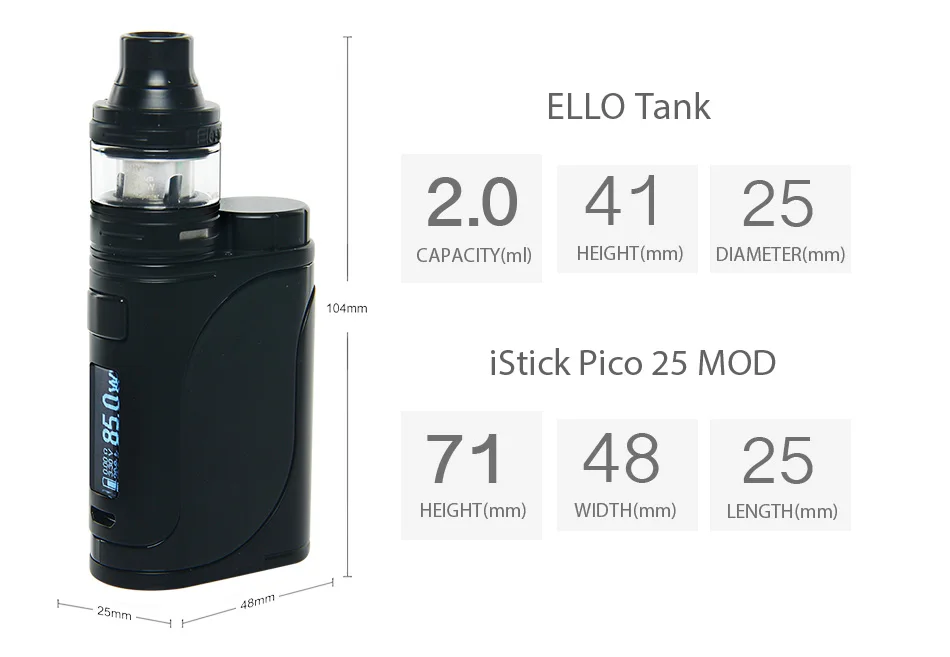 Original 85W Eleaf iStick Pico 25 Vape Kit w/ Ello Tank 2ml & HW Coil No 18650 Battery Vape Kit iStick Pico Box Mod vs ijust 3
