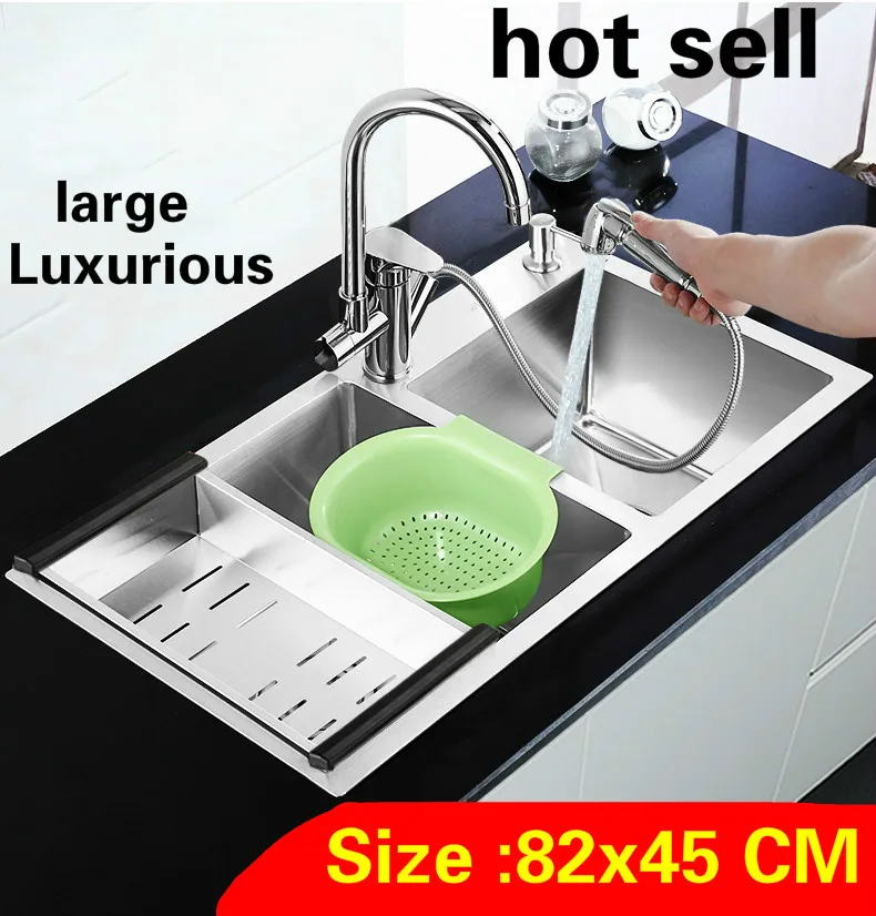 

Free shipping Apartment luxurious large kitchen manual sink double groove vogue durable 304 stainless steel hot sell 820x450 MM