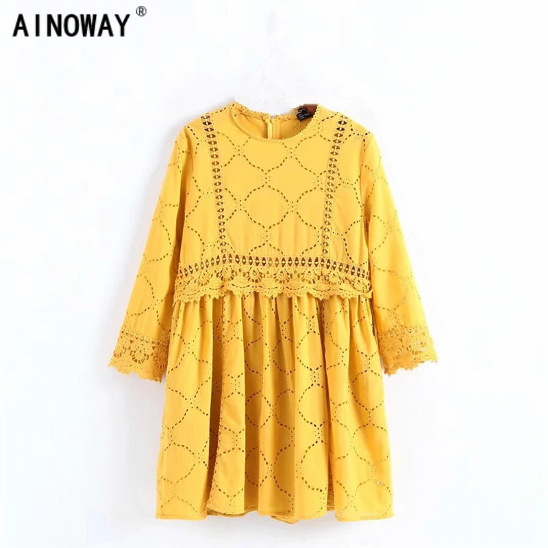 Vintage chic Spring fashion women floral embroidery yellow dresses ladies three quarter sleeve O-neck mini cotton dresses
Vintage chic Spring fashion women floral embroidery yellow dresses ladies three quarter sleeve O-neck mini cotton dresses