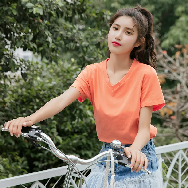 Cute Sweet Basic T-shirt Female Summer V-neck Loose Tops Ladies Short Sleeve Cotton Women White Blank Tshirt Orange Tee Shirt
Cute Sweet Basic T-shirt Female Summer V-neck Loose Tops Ladies Short Sleeve Cotton Women White Blank Tshirt Orange Tee Shirt