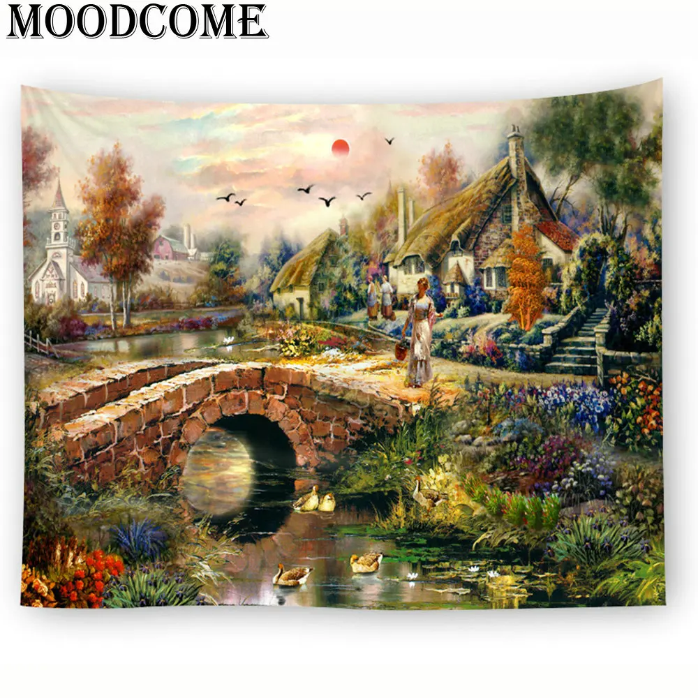 

Landscape painting wall hanging tapestry new design hot sale 2018 drop shipping bridge river scenery wall carpet