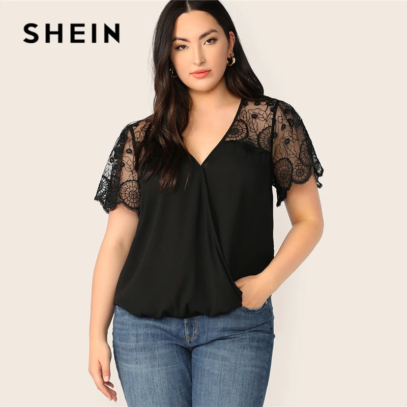 SHEIN Plus Size Black Lace Shoulder Wrap Top Blouse 2019 Women Summer Casual Solid Contrast Lace V neck Sheer Plus Blouses Shirt
SHEIN Plus Size Black Lace Shoulder Wrap Top Blouse 2019 Women Summer Casual Solid Contrast Lace V neck Sheer Plus Blouses Shirt