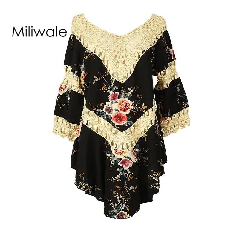 New summer casual big size three quarter sleeve blouse crocheted deep V neck printed ruffles pullover women shirt 821
New summer casual big size three quarter sleeve blouse crocheted deep V neck printed ruffles pullover women shirt 821