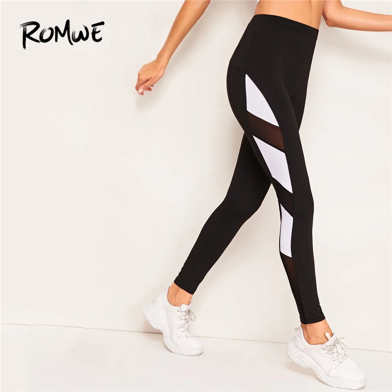 

ROMWE Black Contrast Mesh Color-block Leggings 2019 Women Summer Chinese styles Workout Skinning Long Leggings Sportswear