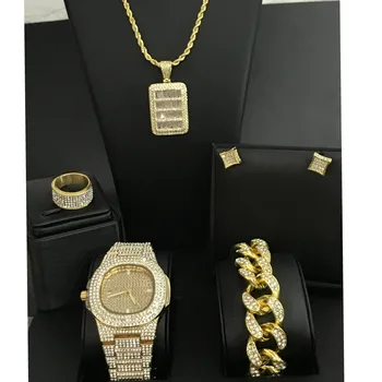 Men Watch Hip Hop Watch & Necklace & Bracelet & Earrings & Ring Set Ice Out Cuban Top Brand Luxury Shining Stainless New
Men Watch Hip Hop Watch & Necklace & Bracelet & Earrings & Ring Set Ice Out Cuban Top Brand Luxury Shining Stainless New