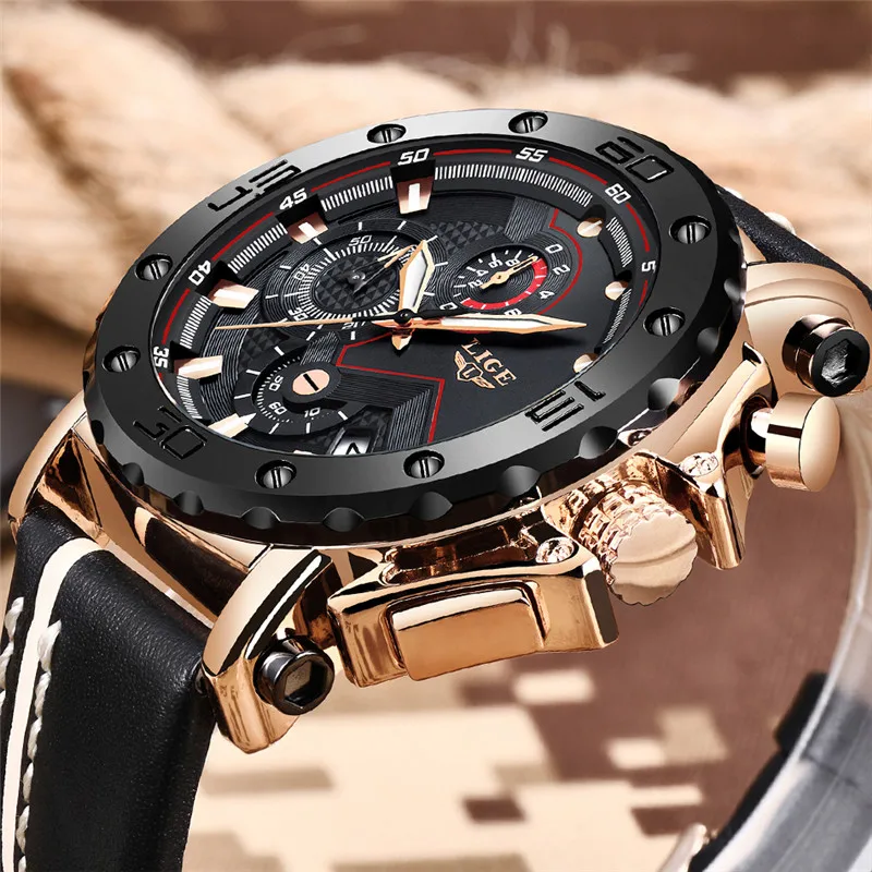 2019LIGE New Fashion Mens Watches Top Brand Luxury Big Dial Military Quartz Watch Leather Waterproof Sport Chronograph Men | Наручные