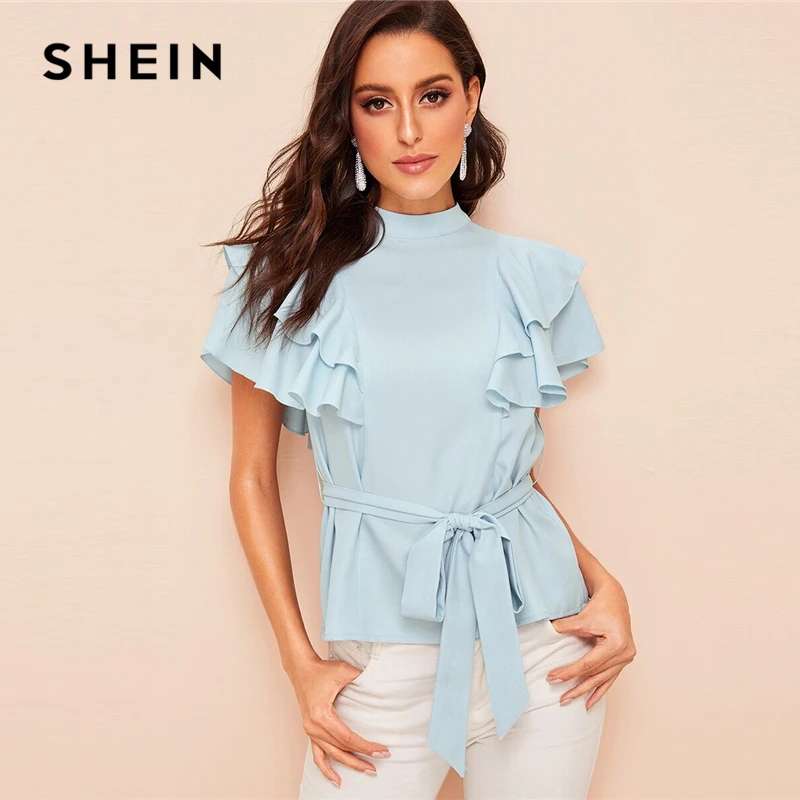 

SHEIN Mock-Neck Layered Ruffle Armhole Belted Blouse Elegant Blue Stand Collar Women Blouse 2019 Summer Tops and Blouses